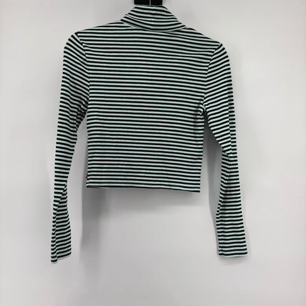 Levis Womens Striped Turtleneck‎ Cropped Long Sleeve Top XS Black White Green